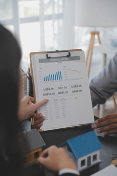 Real estate agent and Sales manager team analysis pricing of rental lease contract of sale purchase agreement, concerning mortgage loan offer for and house insurance. photo