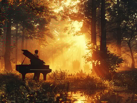 AI generated A pianist and an AI composing music in a magical forest, melodies echoing among towering trees 3D render, golden hour, lens flare photo