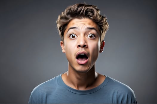 AI generated young man expressing surprise and shock with his mouth open and wide open eyes. AI Generative photo