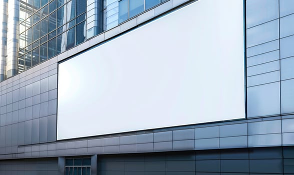 AI generated Blank screen banner mockup displayed on the modern building facade. Close Up view. photo