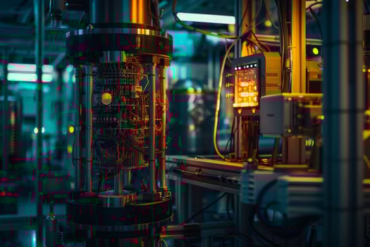 AI generated A quantum computer resides in a secure, dimly lit room inside a building, pulsating with unseen power. photo