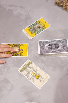 TVER, RUSSIA - FEBRUARY 18, 2024. Tarot cards, Tarot card divination, fortune telling. Occultism, esoteric education. photo