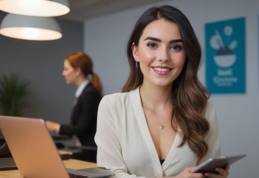 AI Generated Elegant businesswoman with confident smile working at her desk. Modern corporate office atmosphere. photo