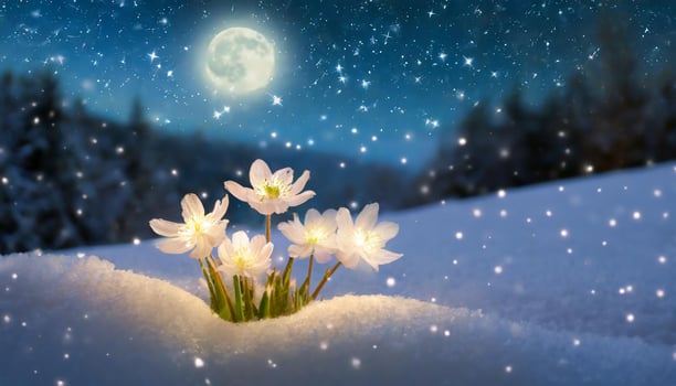 AI generated Glowing white flower in snow with fireflies under the moonlight photo