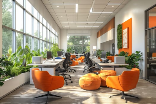AI generated A modern office space characterized by open-plan workstations photo