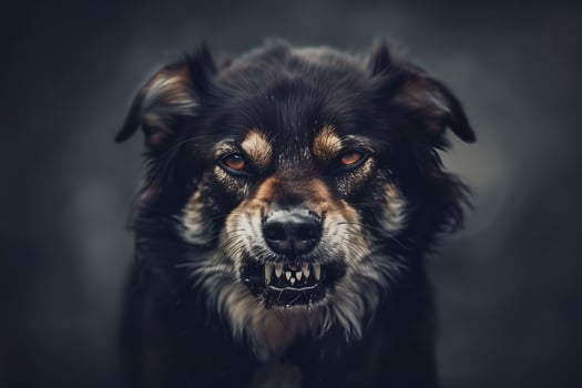 Head shot of aggressive dog barking. Rabies virus infection concept. photo