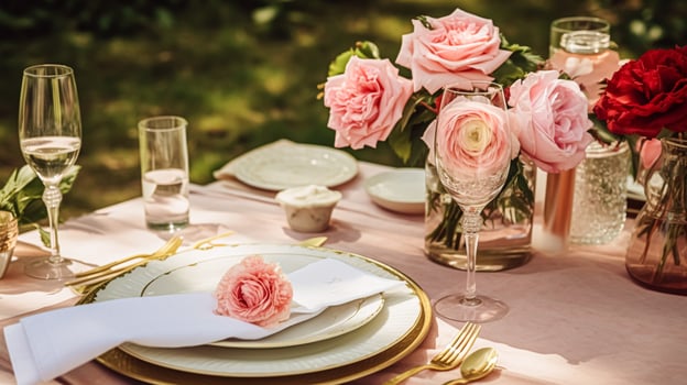 AI generated Wedding and event celebration tablescape with flowers, formal dinner table setting with roses and wine, elegant floral table decor for dinner party and holiday decoration, home styling photo