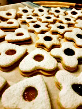 Traditional Italian biscuits with vanilla sugar and jam. Digital painting style. photo