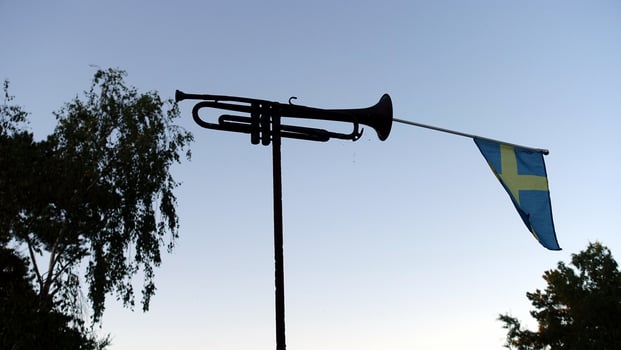 a trumpet with the Swedish flag tucked inside photo