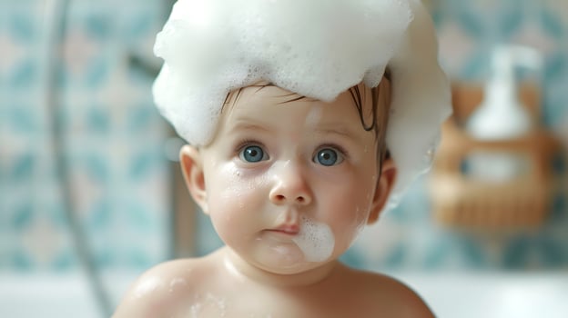AI generated A cute little child with little foam on his head. AI Generated photo