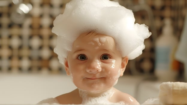 AI generated A cute little child with little foam on his head. AI Generated photo