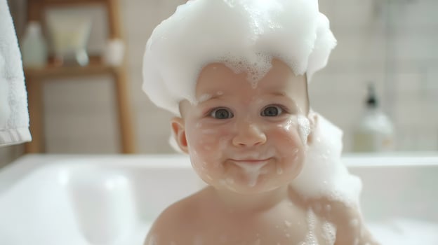 AI generated A cute little child with little foam on his head. AI Generated photo