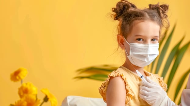 AI Generated vaccinated children. Young Girl with Face Mask Holding Syringe on Yellow Background, copy space photo