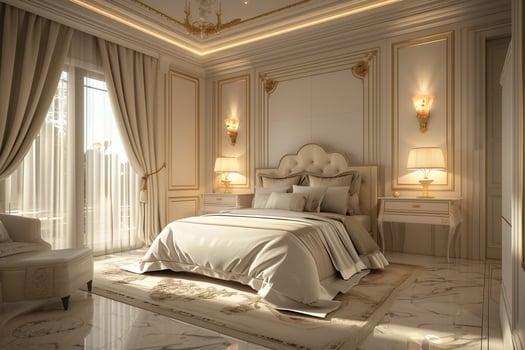 AI generated design of a modern expensive hotel room in light colors with white linens, gold fittings and lamps photo
