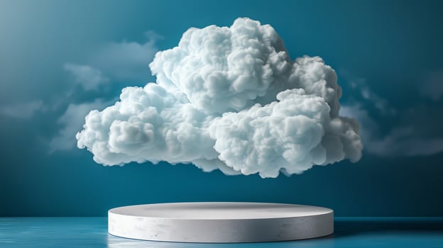 AI generated Dreamy cloud background podium with blue 3d product display platform render for studio scene photo