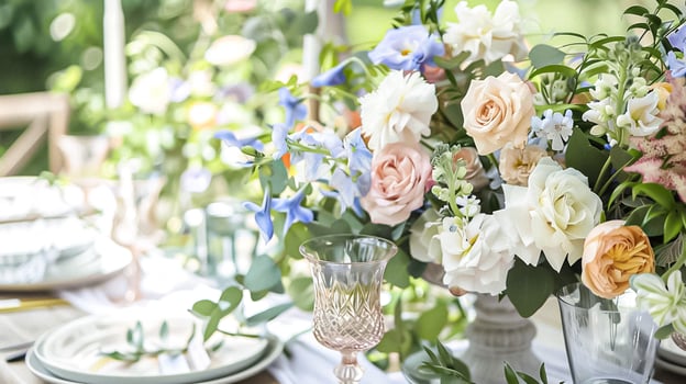 AI generated Wedding decoration in the cottage, floral country wedding decor, cake and event celebration, English countryside style photo