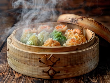 AI generated Close-up aromatic steam rises from a selection of colorful dim sum in a traditional bamboo steamer. Generative AI. photo