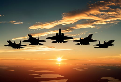 AI generated Fighter jets flying in the sunset photo