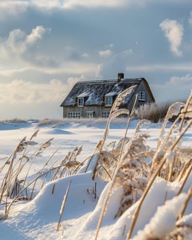 AI generated winter landscape at sunset with grass and house in background photo
