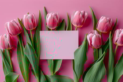 AI generated Mother's day, Valentine's Day background concept with tulip flower, blank greeting card. photo