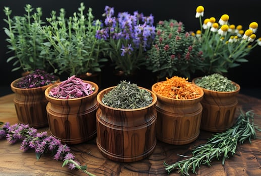AI generated Dried herbs in wooden bowls on wooden table photo