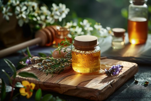AI generated Bottle of honey with wildflowers and herbs on wooden table photo