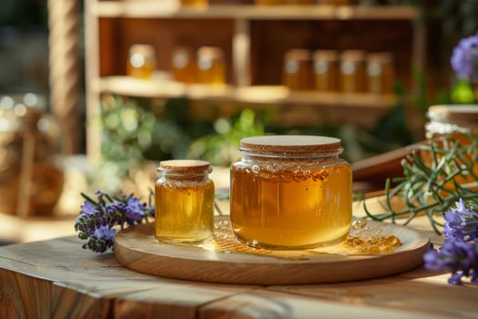 AI generated Honey in jar and wooden plate on table with lavender flowers photo