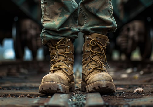 AI generated Military boots on the background of the bridge photo