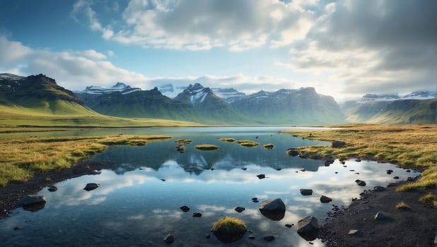 AI generated Photorealistic cinematic landscape of mountains mirrored in a crystal lake photo