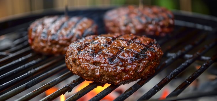 AI generated Juicy grilled burgers over flaming charcoal grill photo