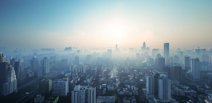 AI generated Hazy sunrise over the urban skyline photo