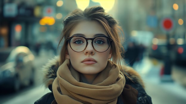 AI generated a young woman in glasses on busy city street photo