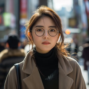 AI generated portrait of young beautiful Japanese woman in glasses on busy city street photo
