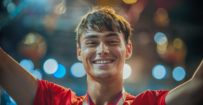 AI generated Young athlete celebrating victory at a sports event photo