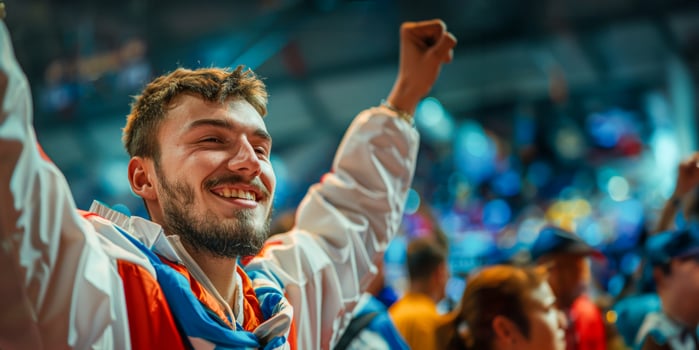 AI generated Young athlete celebrating victory at a sports event photo