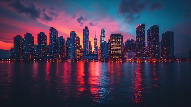 AI generated City Skyline Night Lights Reflecting on Water photo