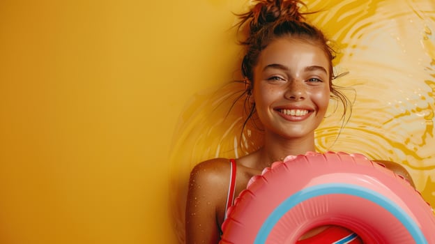 AI generated A joyful, lively, and attractive young woman with a slim figure is wearing a striped red and blue one-piece swimsuit photo