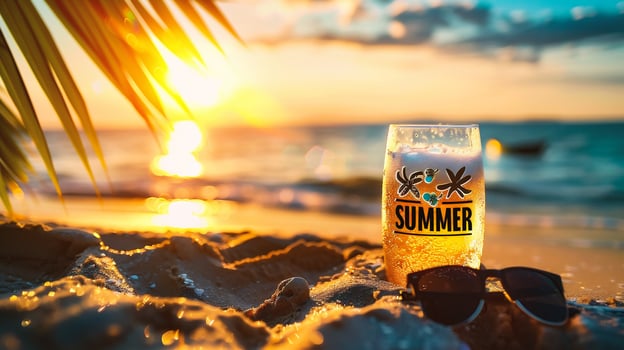 AI generated Bottle of Summer on the beach at sunset photo