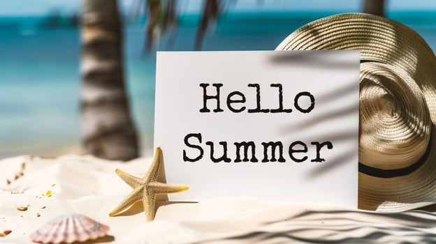 AI generated Hello Summer message on white paper with starfish, beach and palm tree photo