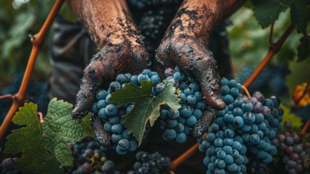 AI generated Vineyard with hands harvesting clusters of ripe grapes from the vines photo