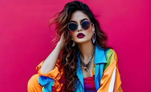 AI generated Attractive woman with glasses wearing a colorful outfit reflecting 80s fashion. Generative AI photo