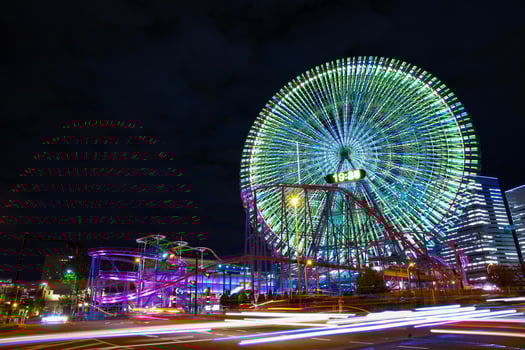 A night illuminated ferris wheel in Yokohama wide shot photo