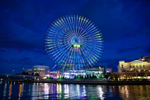 A night illuminated ferris wheel in Yokohama wide shot photo