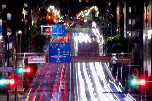 A night traffic jam at the urban street in Tokyo long shot photo