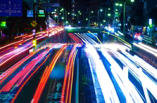 A night traffic jam at the urban street in Tokyo long shot photo