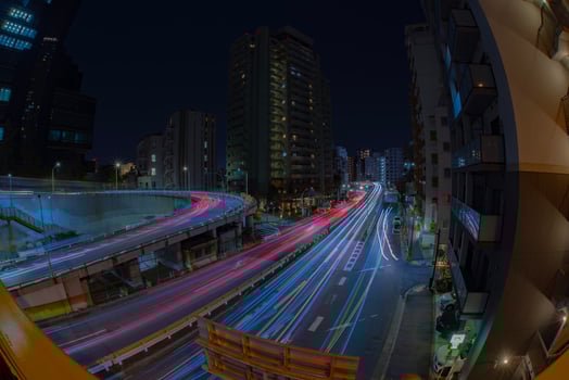 A night traffic jam at Yamate avenue in Tokyo fish-eye shot photo