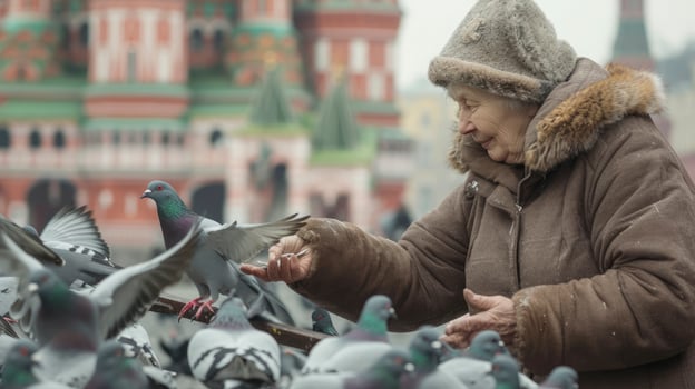 AI generated A Russian woman in her 50s, with a fur hat and a warm coat, is feeding pigeons in Red Square, Moscow photo
