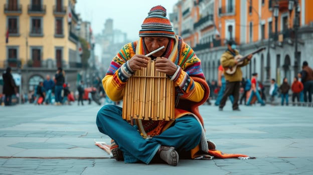 AI generated A South American street artist is playing the pan flute in a square in Lima, Peru photo