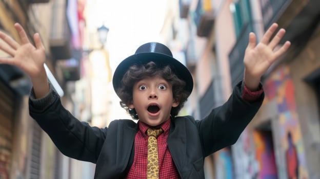 AI generated A teenage boy from Europe, with a surprised expression and a magic trick, is performing in a street in Barcelona, Spain photo