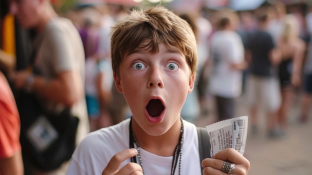 AI generated A teenage boy from Europe, with a surprised expression and a concert ticket, is attending his first rock concert in London, England photo
